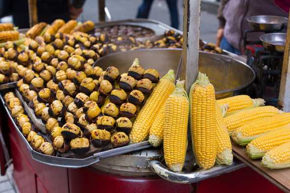 Image of hot street snacks on a cart